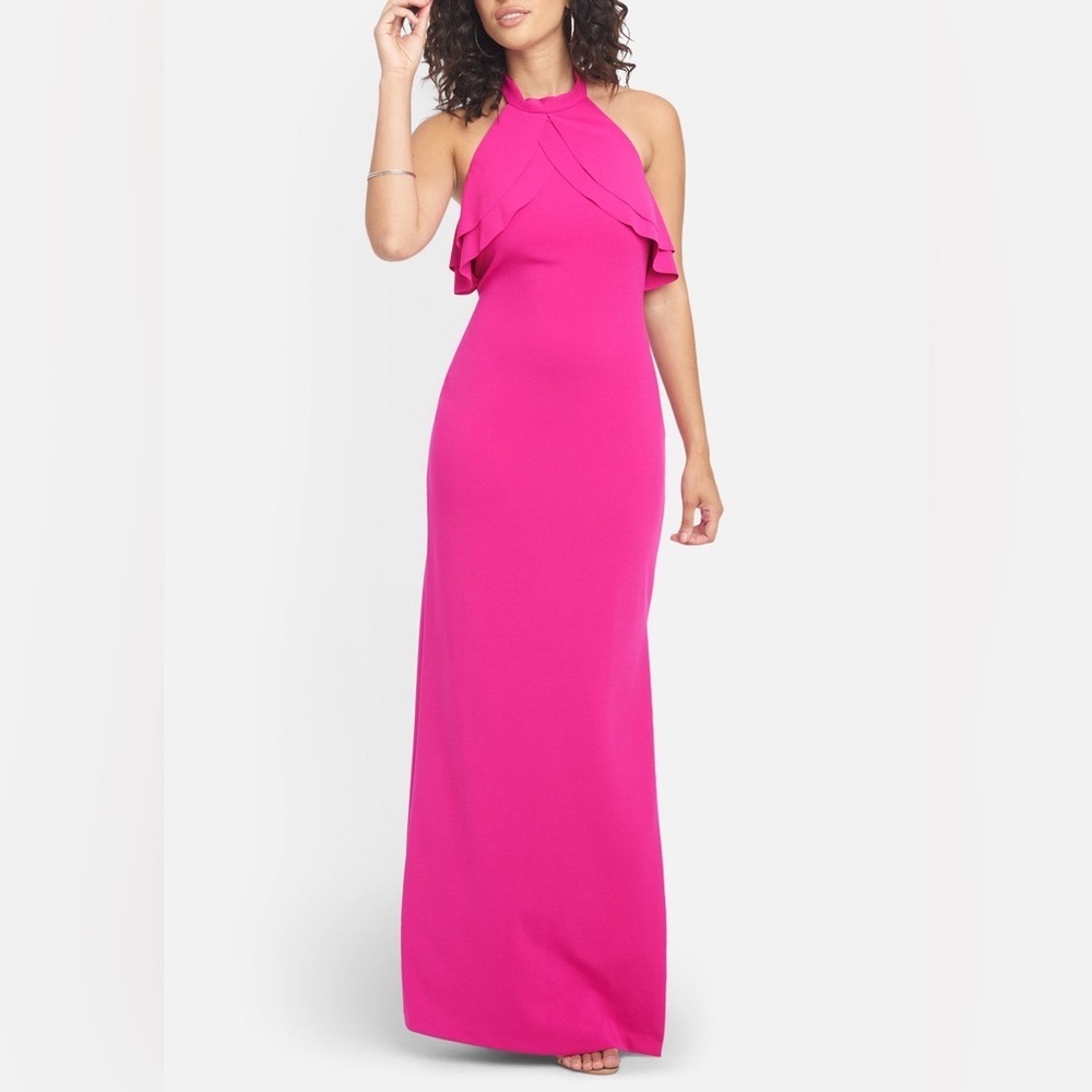 NWT BEBE Pink Gown | DOUBLE RUFFLE HALTER NECK GOWN